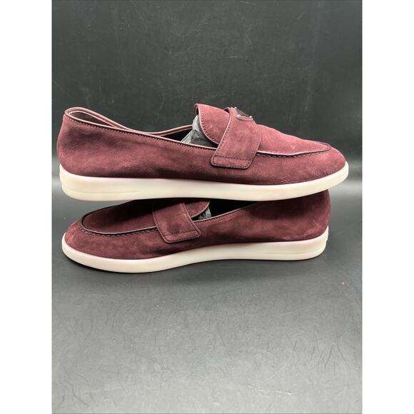 PRADA Suede Slip-On Loafers Logo Dress Shoes Men Prada Shoes Burgundy NWOTB READ main image 14